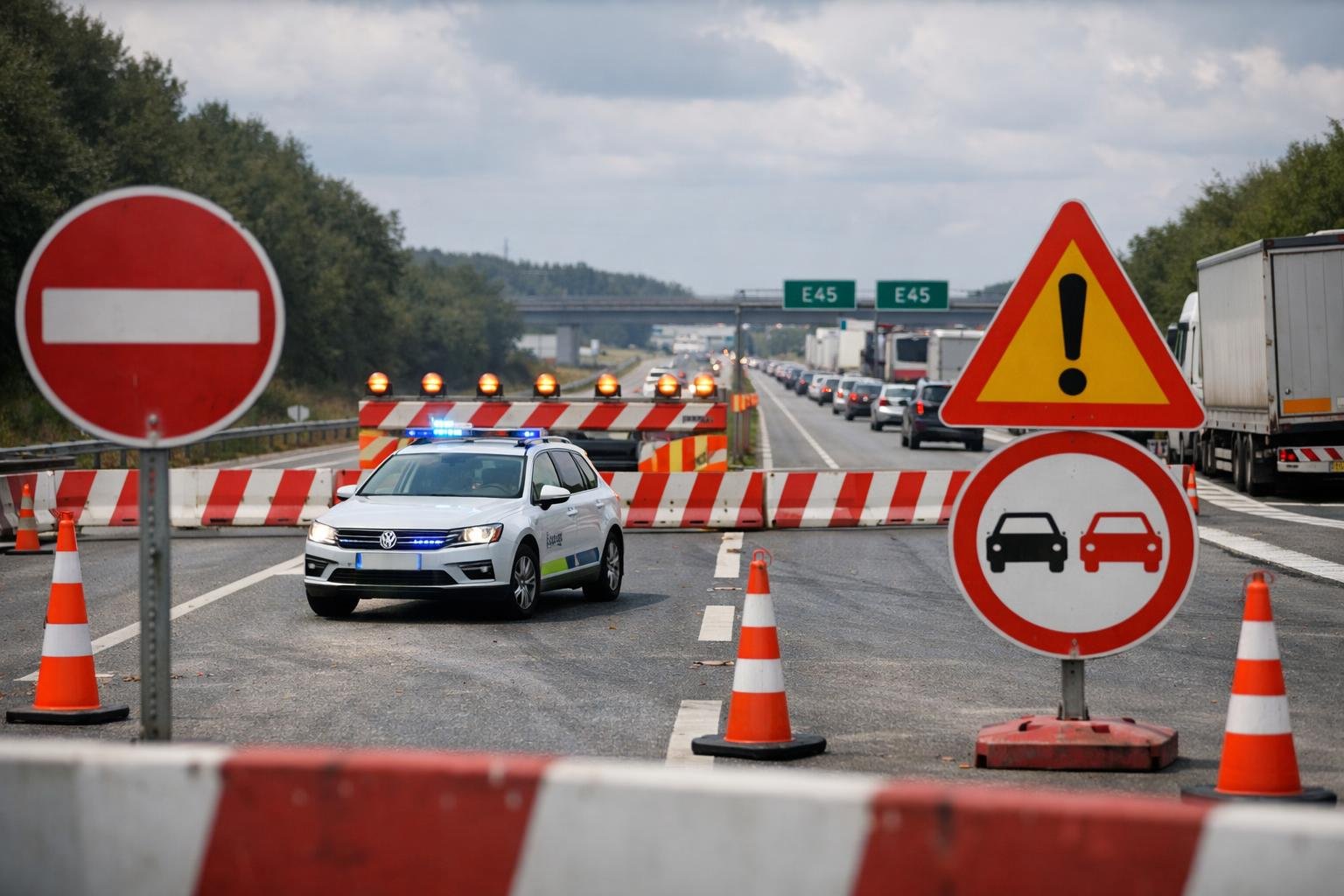 En strækning af motorvej E45 forbliver spærret langt længere end bilisterne fik at vide og årsagen har intet med vejarbejdet at gøre